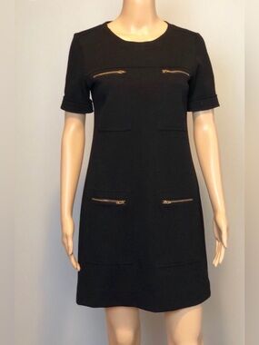 J Crew - size 6 / Black Short Sleeve Shift Dress with Gold Zipper Accents